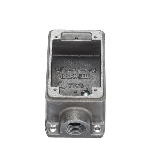 Single Gang FS Box, Cubic Inches 14.0, Length 4-5/16 Inches, Width 2-13/16 Inches, Depth 1-7/8 Inches, Hub Size 3/4 Inch, Aluminum, 3 Lugs
