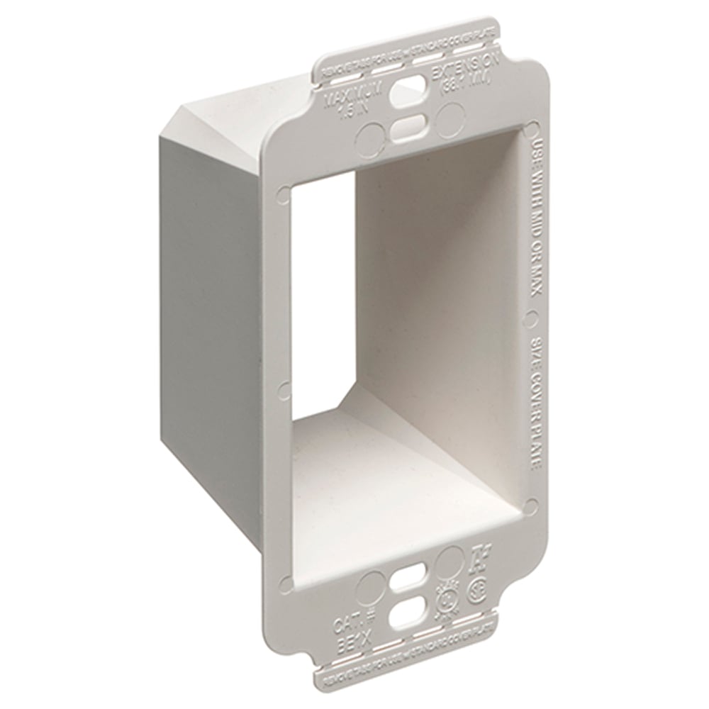 Better device support in oversized or miscut wall openings. Box Extender, levels and supports the wiring device where the box is set back from the wall surface extends the box up to 1-1/2". 2 hour fire rating. Single Gang.