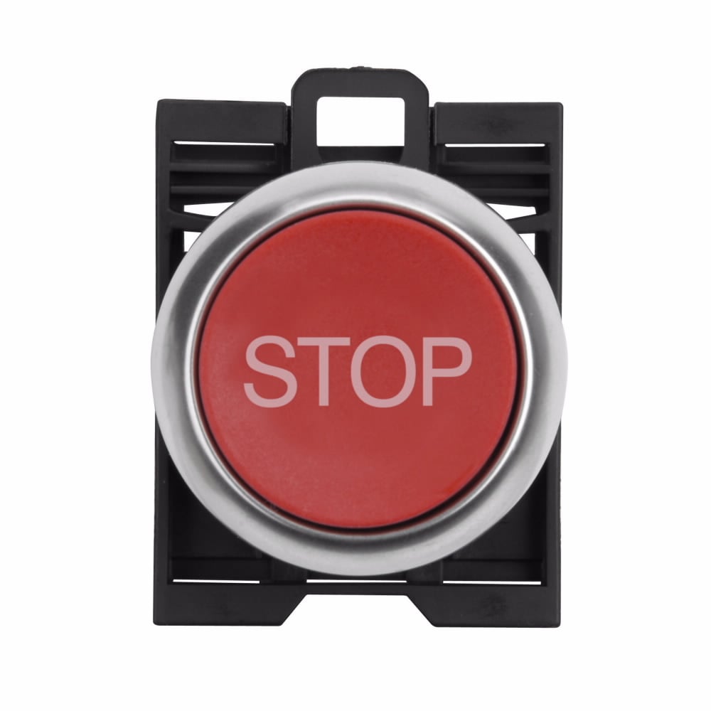 Eaton 22.5 mm RMQ-Titan Pushbutton,STOP,Red Actuator,Silver bezel,IP67, IP69K,Non-illuminated,Flush mounting,NEMA 4X, 13,5,000,000 operations,Momentary,22.5 mm,Flush Pushbutton,M22