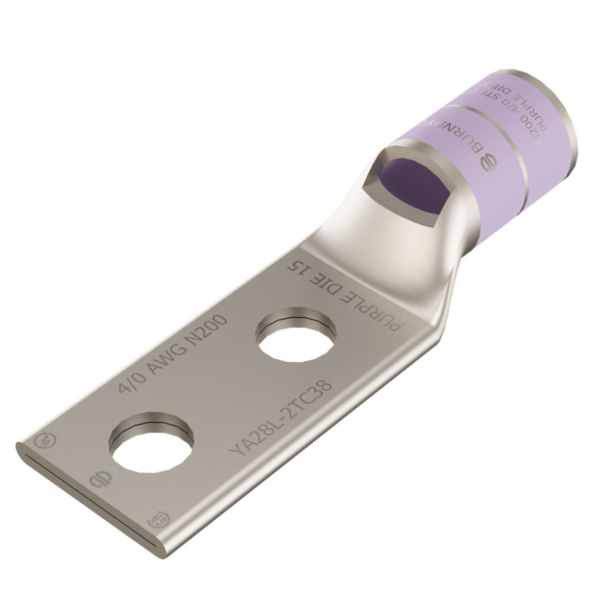 4/0 AWG CU, Two Hole, 1/2 Stud Size, 1-3/4 Hole Spacing, Standard Barrel, Inspection Window, Internal Chamfer, Tin Plated, UL/CSA, 90?C, Up to 35kV, Purple Color Code, 15 Die Index.