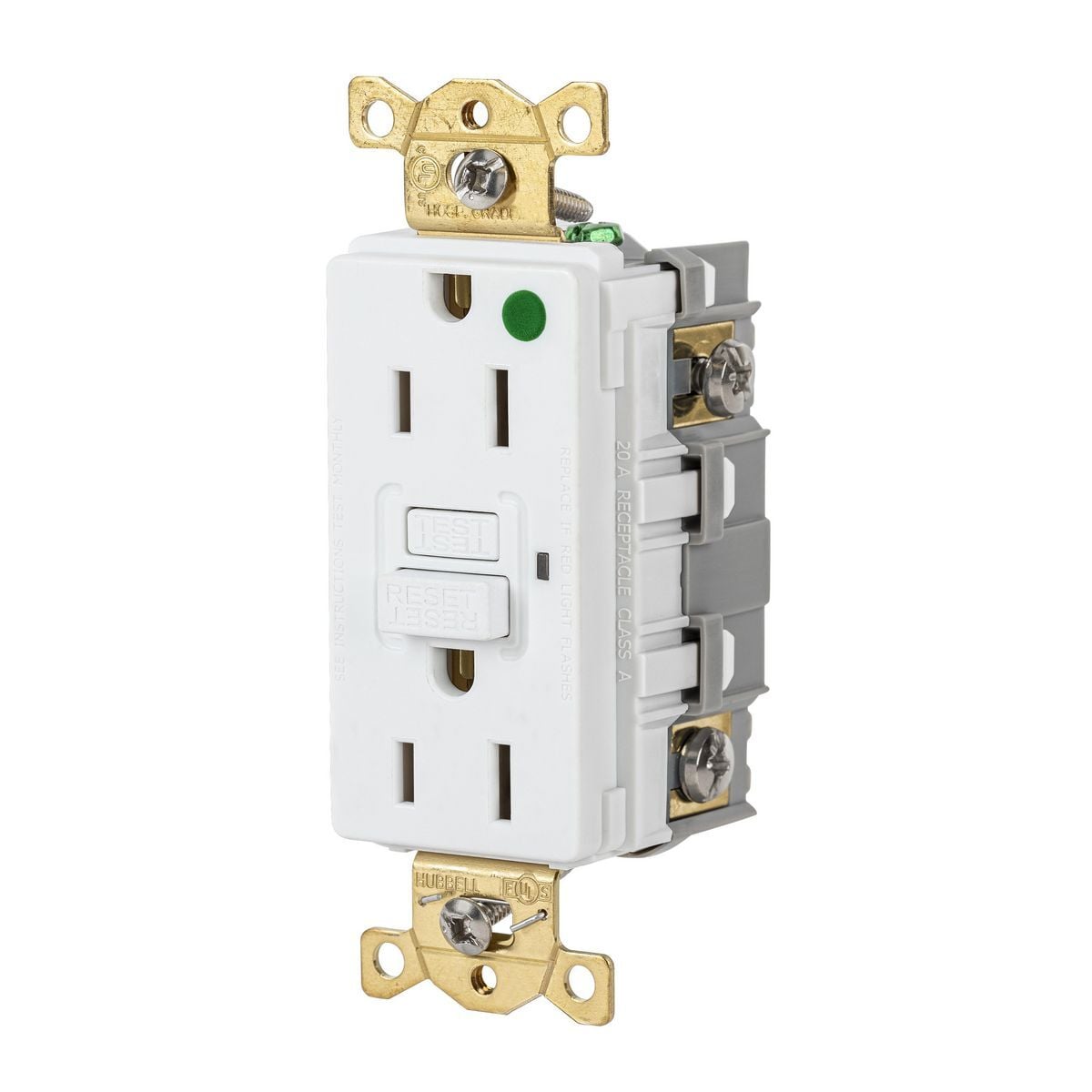 Straight Blade Devices, Receptacle, GFCI, Commercial Hospital Grade, Self Test, 15A 125V, 2-Pole 3-Wire Grounding, 5-15R, White