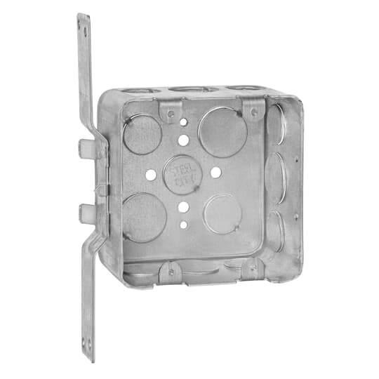 Two-Gang Drawn Style Outlet Box, 45 Cubic Inches, 4 Inches Square x 2-1/8 Inches Deep, Welded Construction with 1/2 Inch and 3/4 Inch Eccentric Knockouts and Ground Bump, Pre-Galvanized Steel, with CV Bracket Recessed 7/8 Inches, For use with Conduit