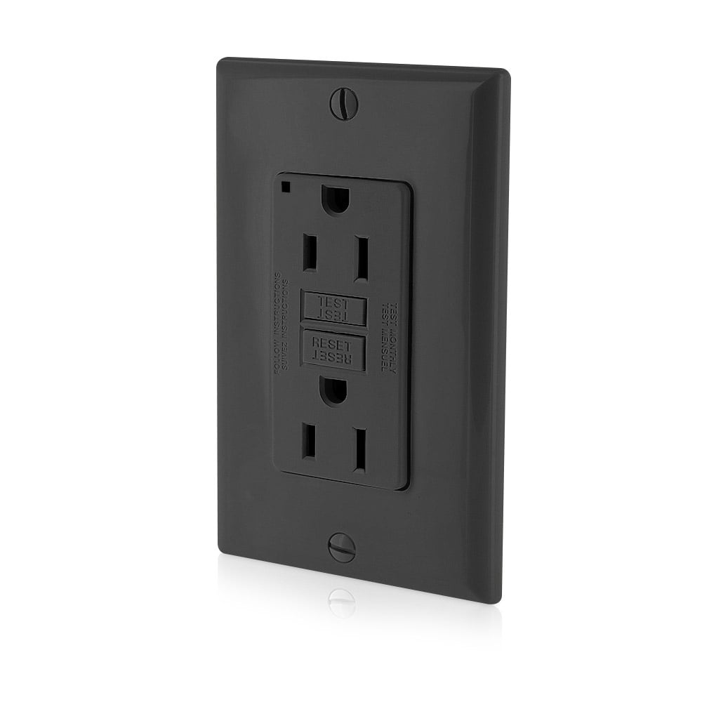 15 Amp, 125 Volt Receptacle/Outlet, 20 Amp Feed-Through, Self-test SmartLock Pro Slim GFCI, monochromatic, back and side wired, nylon wallplate/faceplate and self grounding clip included - BLACK