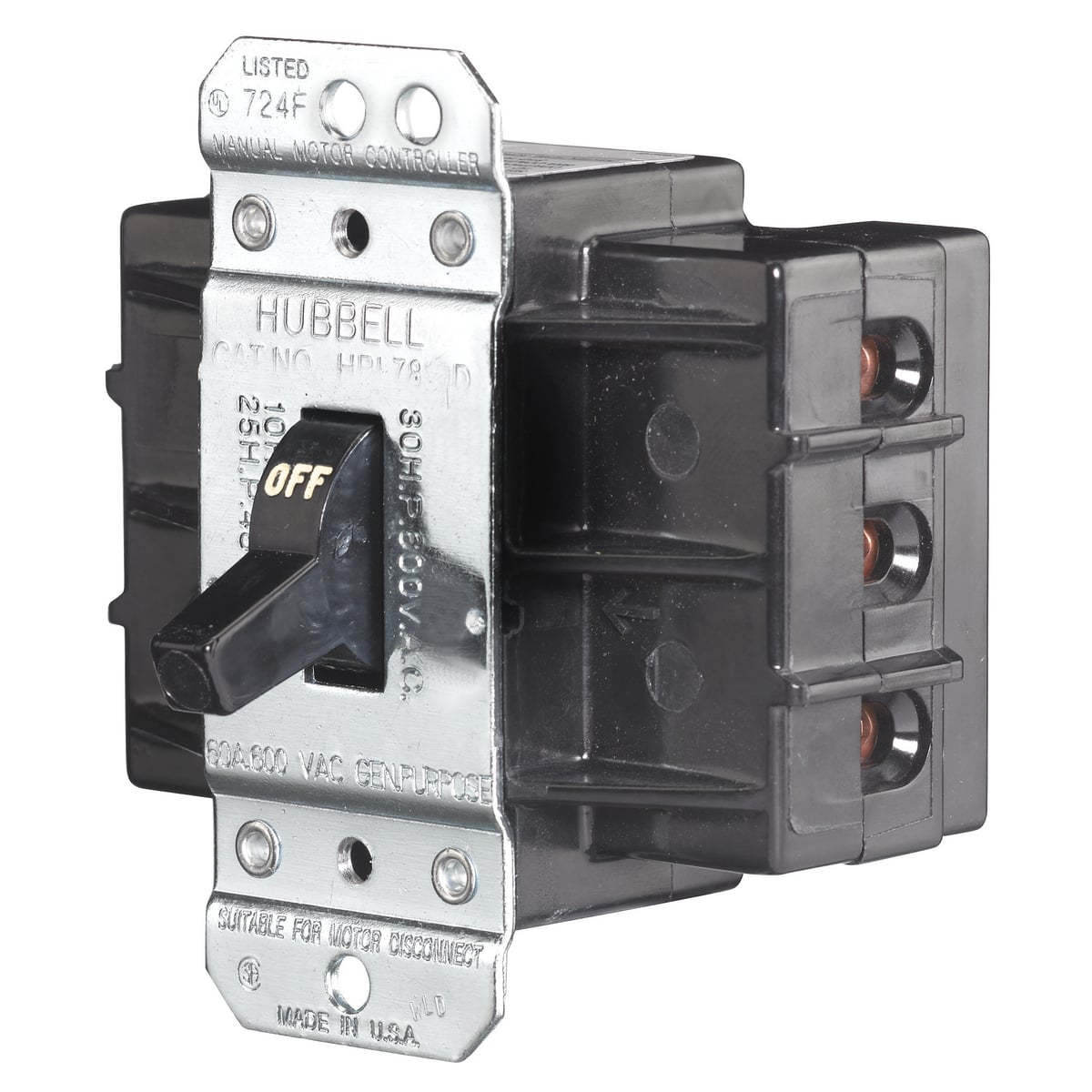 Switches and Lighting Control, Motor Disconnect, 3-Pole, 60A 600V, Back and Side Wired