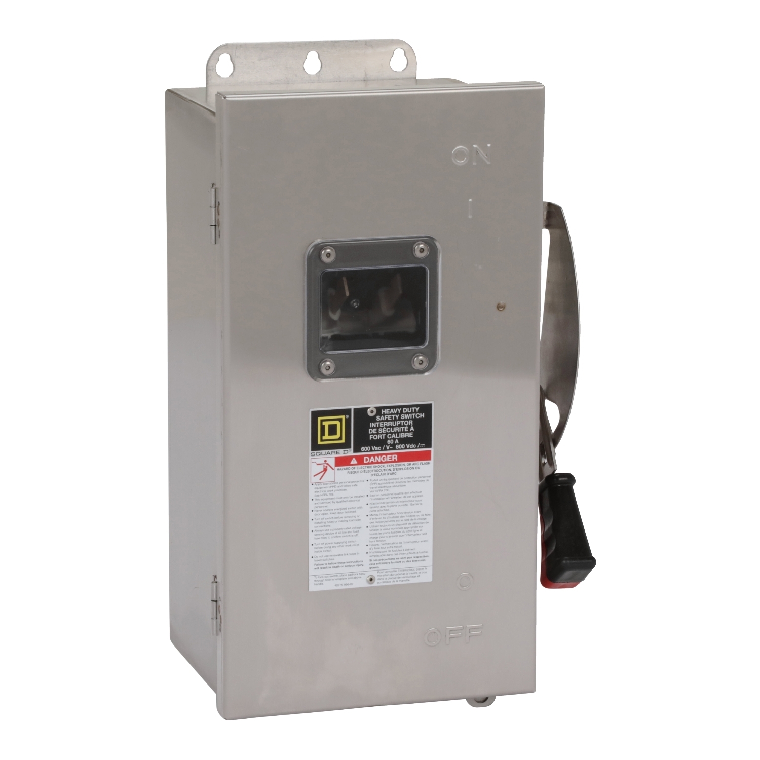 Safety switch, heavy duty, non fusible, 60A, 600VAC/VDC, 3 poles, 60HP, NEMA 4, 4X, 5, 304 steel