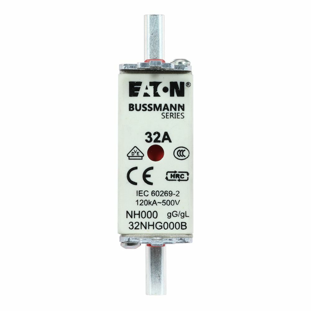 Eaton Bussmann series low voltage NH Fuse, Live gripping lug, 500V, 32A, 120 kAIC, Combination fuse status indicator, fuse, Blade end connection, Class C gL/gG, Square-body with knife blade contact, Ceramic body