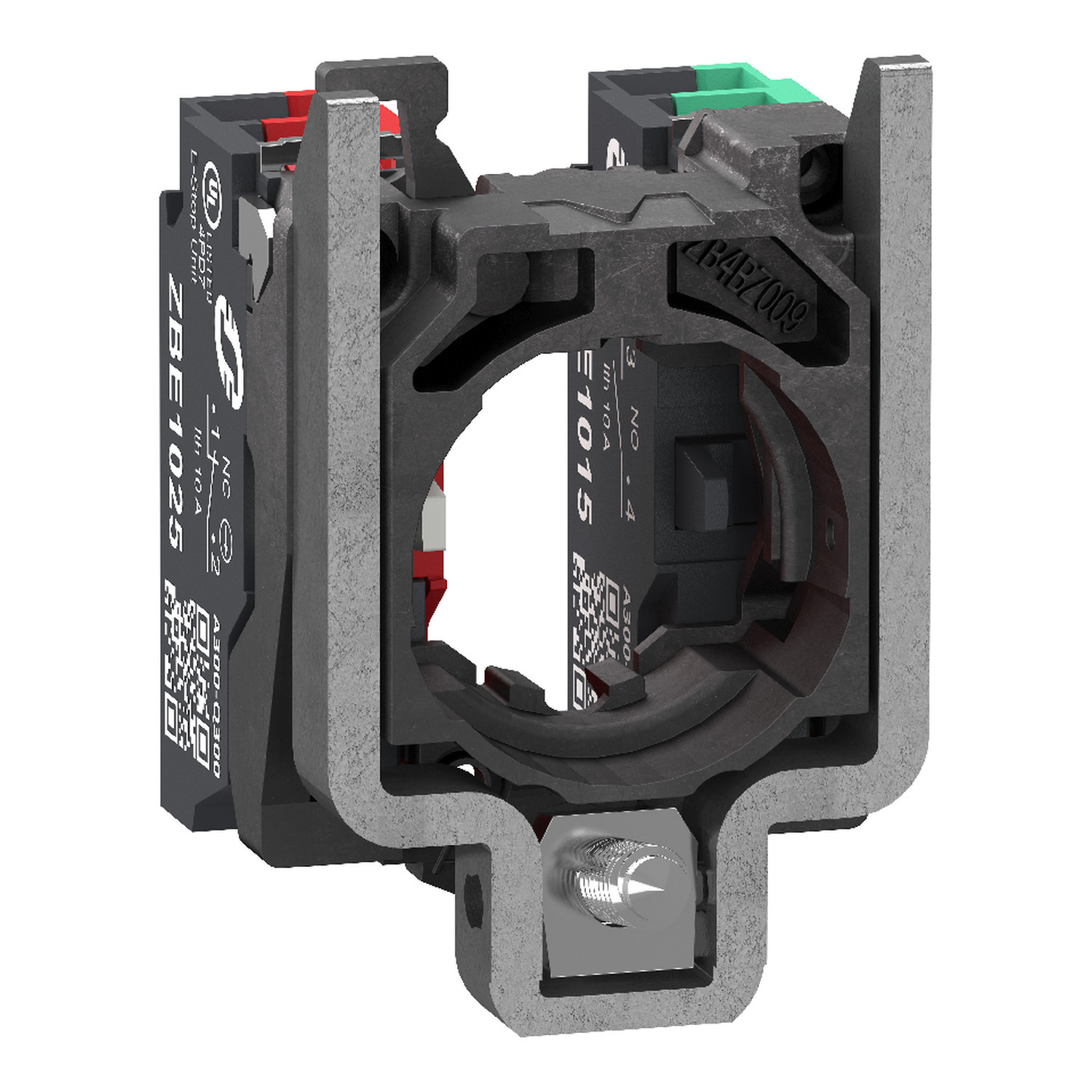 Single contact block with body fixing collar, Harmony XB4, metal, 1 NO + 1 NC, compact push in terminals
