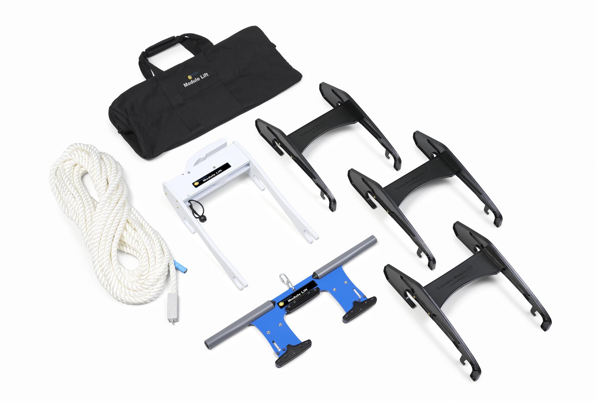 The Module Lift is an economical system for getting PV modules onto a rooftop safely and quickly without damaging them. Compatible with fiberglass extension ladders from Werner and Louisville, this kit includes a 60' rope to accommodate different ladder sizes. Its pulley mechanism, attached to the ladder's top, features a module "hook" that securely attaches to the PV module frame, preventing lateral sliding during transportation. Operational control lies with the installer, who initiates lifting by pulling a rope, allowing the module to glide smoothly along the ladder's rails. Safety features include a brake in the pulley assembly to prevent accidental module sliding, ensuring a safe working environment. The system aids in reducing installer fatigue and complies with OSHA ladder safety standards. Setting up the system takes less than 5 minutes and is performed by one person, reflecting its lightweight, rugged, and reliable nature. Its compact and user-friendly design, absence of motors, and inclusion of a duffle bag for parts storage enhance its practicality.