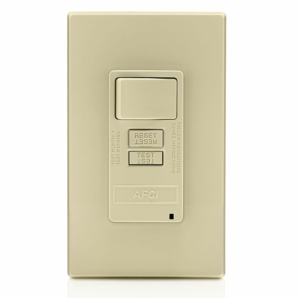 15 Amp Switch. 20 Amp Feed-through. 125 Volt Obc Afci With Switch. Monochromatic. Back And Side Wired. Nylon Wallplate Included. Self-grounding Clip Included  Ivory