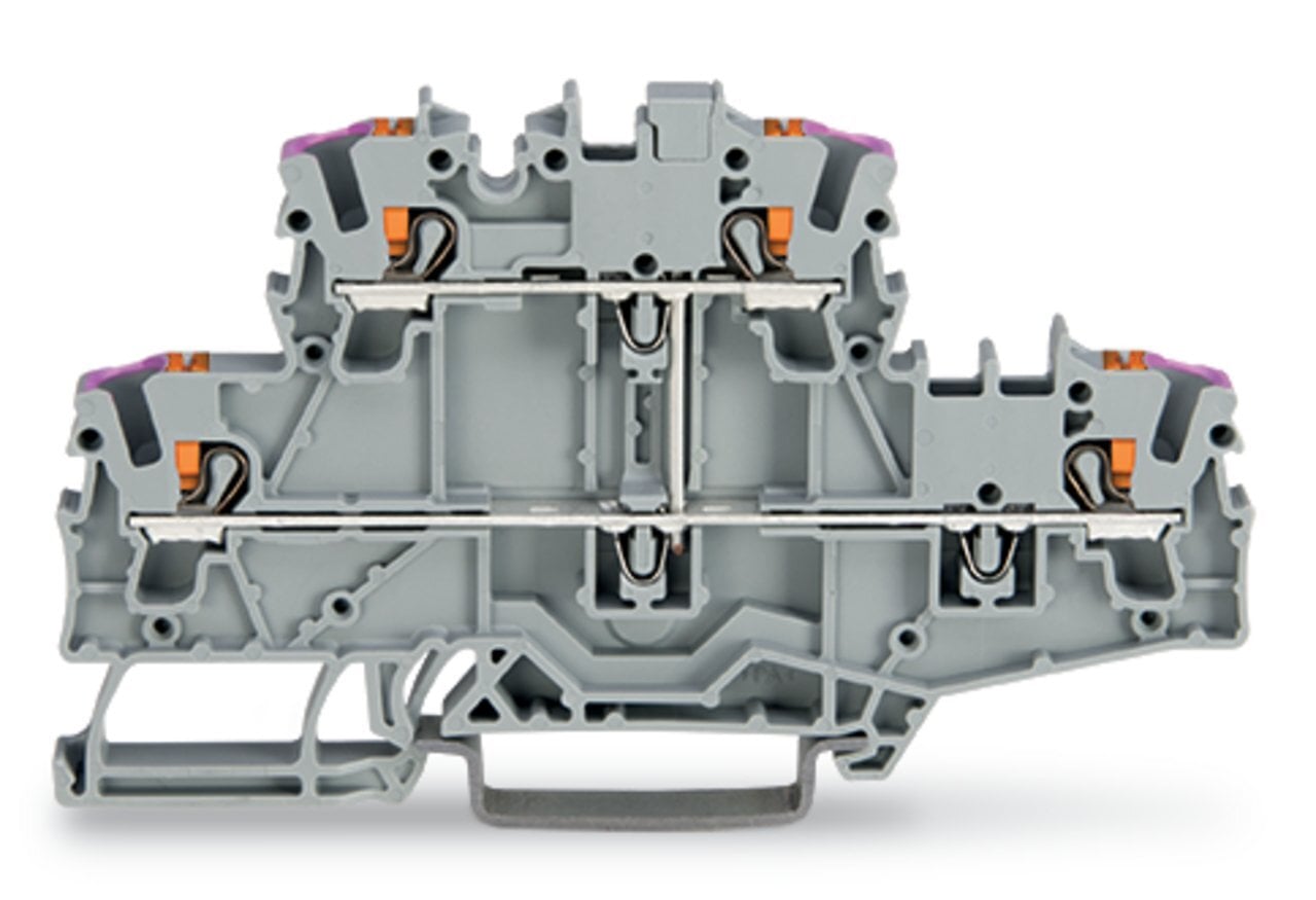 Double-deck terminal block; with push-button; 4-conductor through terminal block; L; without marker carrier; suitable for Ex e II applications; internal commoning; conductor entry with violet marking; for DIN-rail 35 x 15 and 35 x 7.5; 2.5 mm; Push-in CAGE CLAMP; 2,50 mm; gray