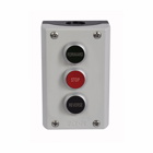 M22 Three Element Control Station, 22.5 mm, Buttons: Flush, Momentary, Button: Black, Red, Black, Inscription: FORWARD, STOP, REVERSE/ GB15, GB0, GB16, NO/NC, IP66, UL (NEMA) Type 4X, 13, Vertical, Base: Black, Enclosure: Gray