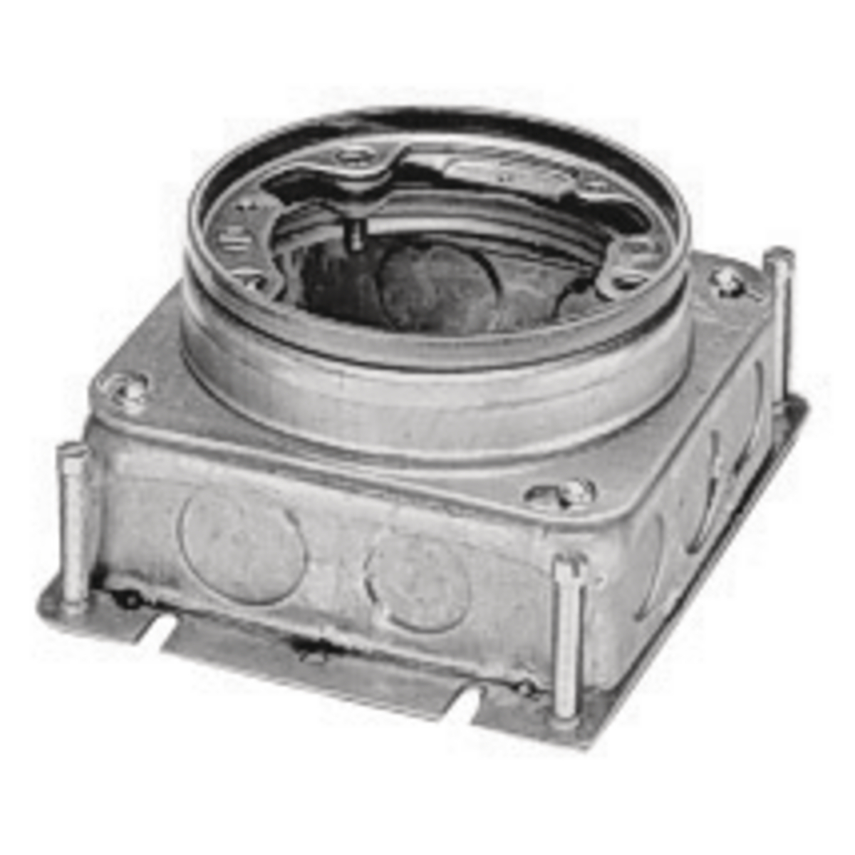 Flush Concrete Floor Box Series, 1-Gang, Round, Galvanized Stamped Steel Box, Shallow, Fully Adjustable, Single Service, Aluminum Top