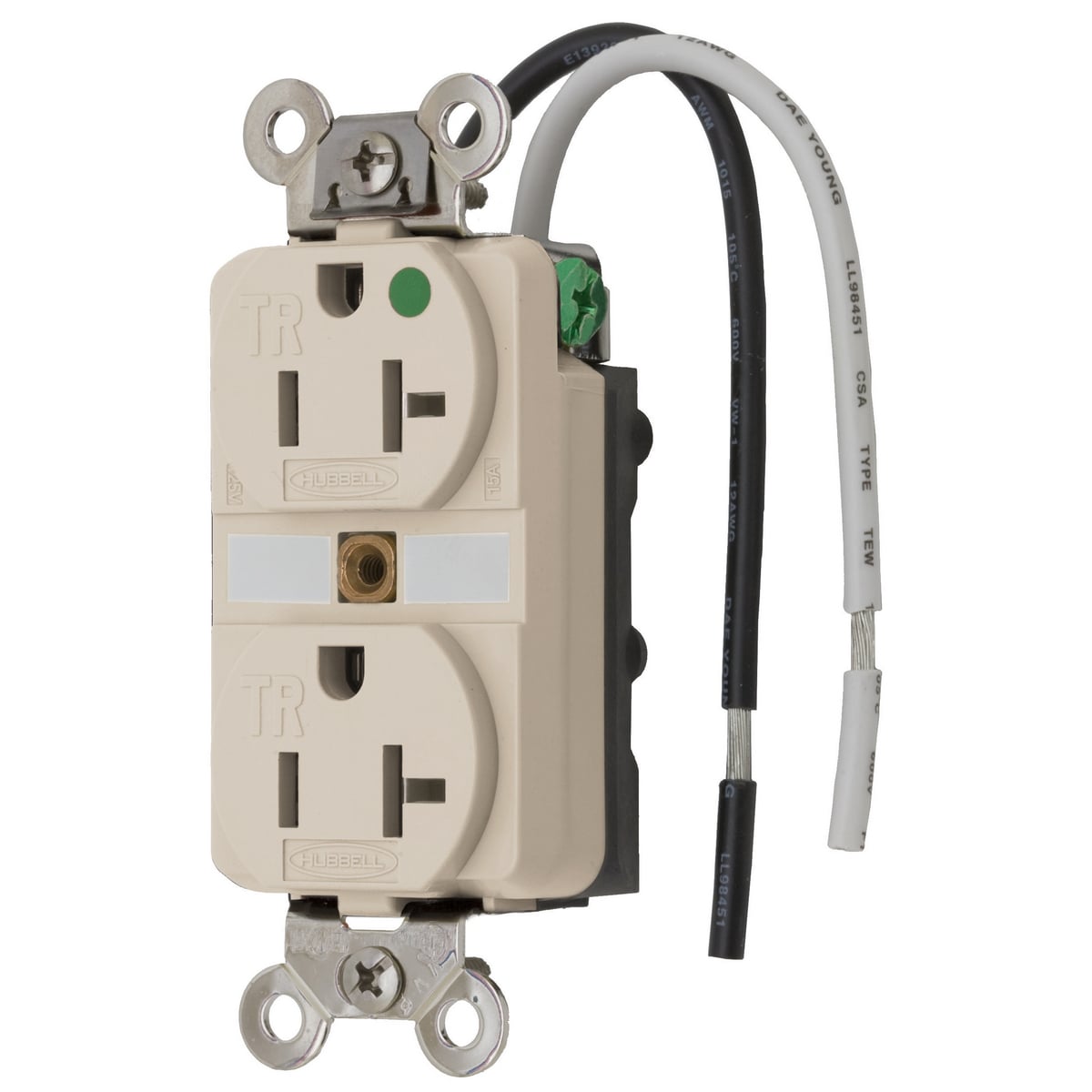 Straight Blade Duplex Receptacle, Safety Grade Hospital Grade, 2-Pole 3-Wire Grounding, 20A 125V, 5-20R