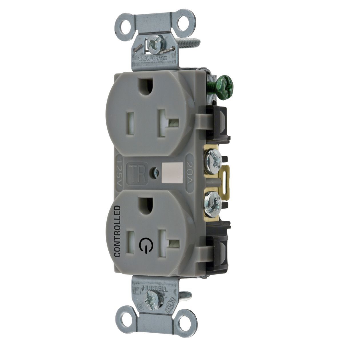 Straight Blade Devices, Receptacles, Duplex, 1/2 Load Controlled, 20A 125V, 2-Pole 3-Wire Grounding, 5-20R, Back and Side Wired, Gray