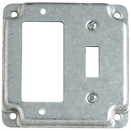 Square Box Surface Cover, 5 Cubic Inches, 4 Inch Square x 1/2 Inch Deep, Galvanized Steel, For use with One Ground Fault Receptacle and One Toggle Switch