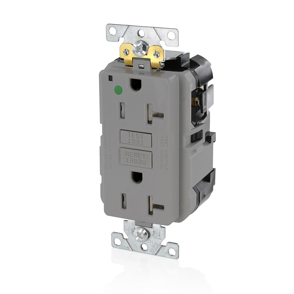 20 Amp, 125 Volt, SmartlockPro Slim Lev-Lok  Self-Test GFCI Receptacle, Extra-Heavy Duty Hospital Grade, Tamper-Resistant, 20A Feed-Through, NEMA 5-20R, 2P, 3W, Modular Terminals  GRAY