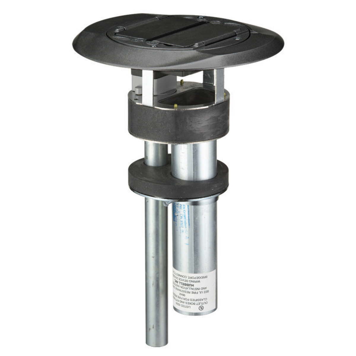 In-Floor Delivery Systems, SystemOne, Fire Rated Poke-Through, 1 Piece Unit, 3-Unit Hubbell iSTATION Opening, Single 20A, 125V Receptacle, Cover with Black Finish