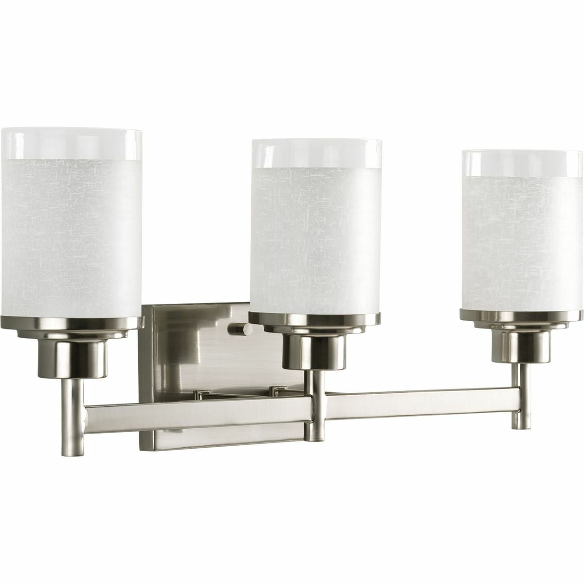 Create the sophisticated feel of modern, urban living in your home with this three-light bath fixture from the Alexa Collection. Visually interesting white linen finished glass with a crisp clear edge accent is complemented by a pleasingly simple Brushed Nickel frame. If you desire a vintage mid-century modern look, the Alexa Collection is just for you.