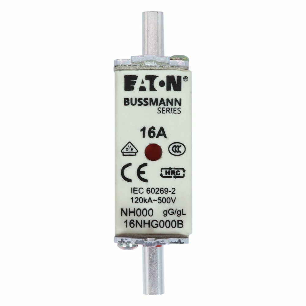 Eaton Bussmann series low voltage NH Fuse, Live gripping lug, 500V, 16A, 120 kAIC, Combination fuse status indicator, fuse, Blade end connection, Class C gL/gG, Square-body with knife blade contact, Ceramic body
