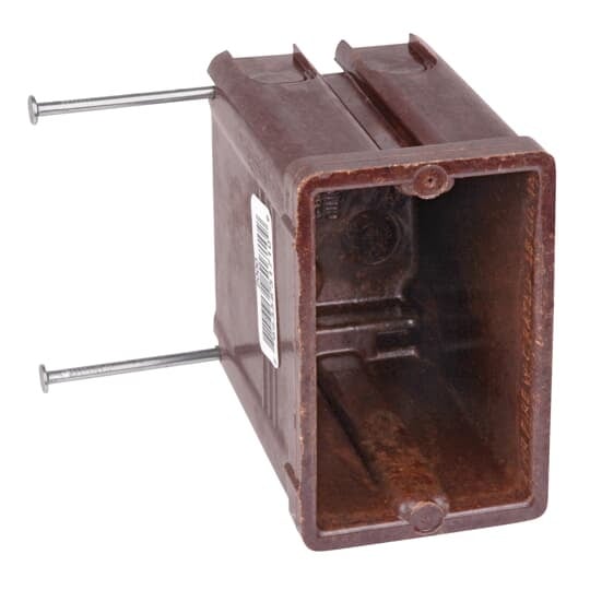 Single-Gang Nail-On Outlet Box, Volume 18 Cubic Inches, Length 3-11/16 Inches, Width 2-1/4 Inches, Depth 3-1/8 Inches, Color Brown, Material Phenolic, Mounting Means Bottom Nails