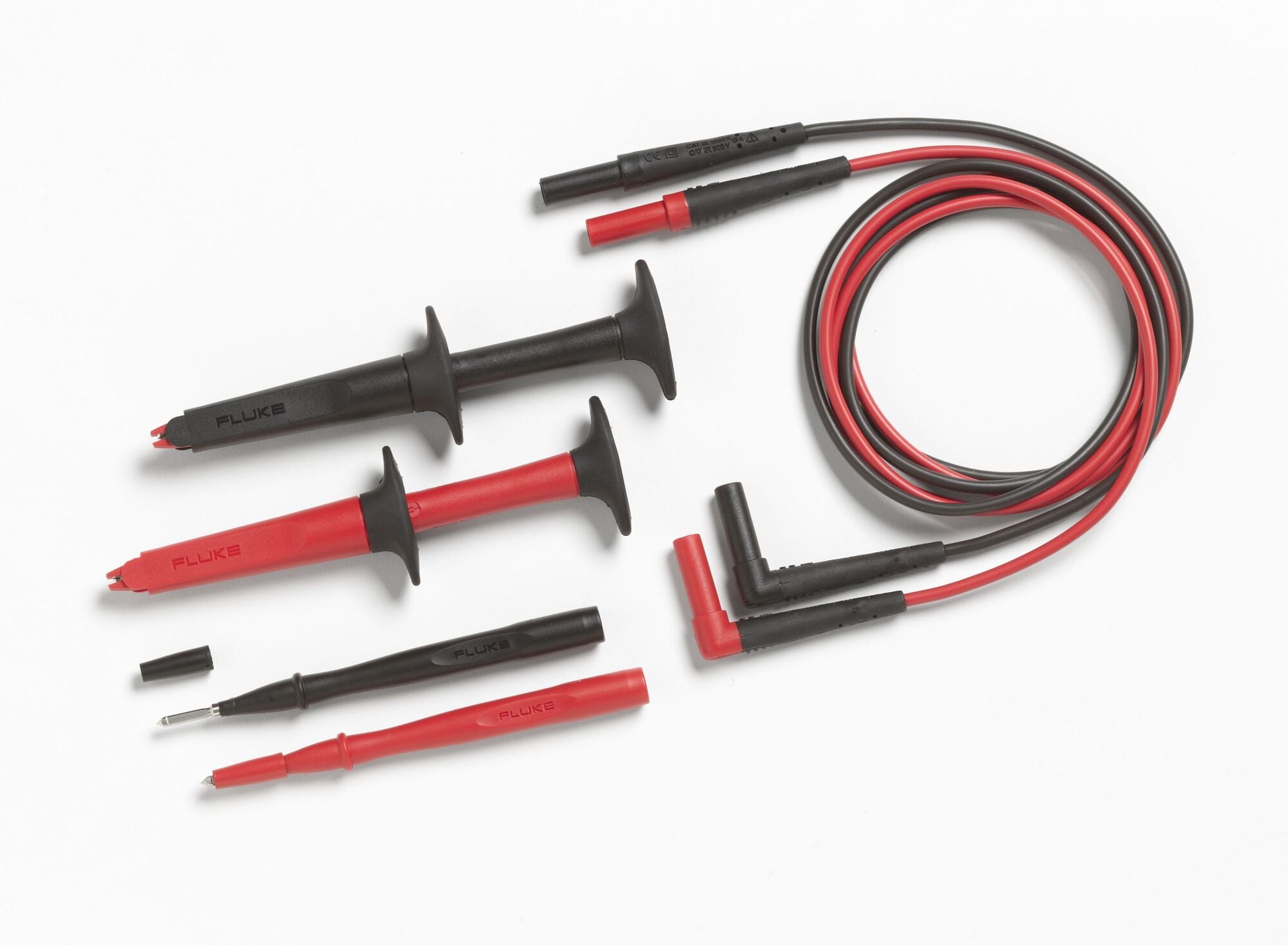 Handy all-in-one kit includes AC220 SureGrip Alligator Clip Set, TP1 Slim-Reach Test Probes (flat bladed), and TL224 SureGrip Silicone Test Lead Set (straight to right)
