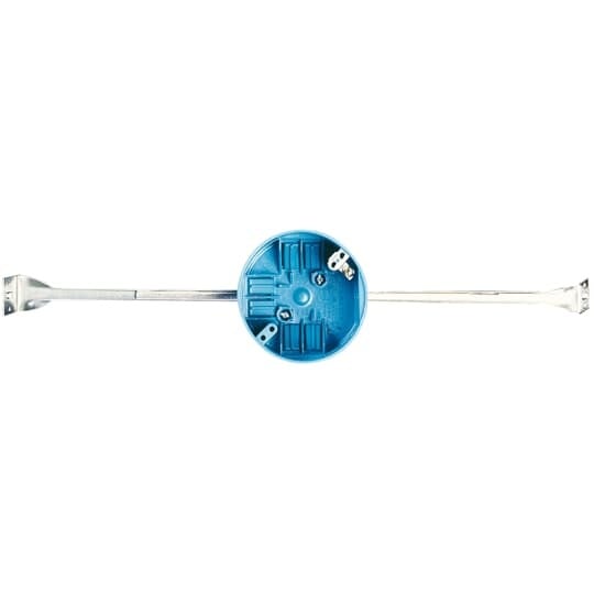 Round Ceiling Box, Volume 20 Cubic Inches, Diameter 4 Inches, Depth 2-1/4 Inches, Color Blue, Material Polycarbonate, Mounting Means 14.38 Inches - 22.50 Inches Adjustable Bar Hanger
