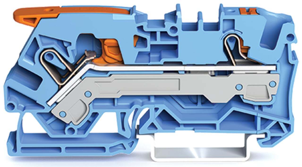 2-conductor through terminal block; with lever and push-button; 6 mm; with test port; suitable for Ex i applications; side and center marking; for DIN-rail 35 x 15 and 35 x 7.5; Push-in CAGE CLAMP; 6,00 mm; blue