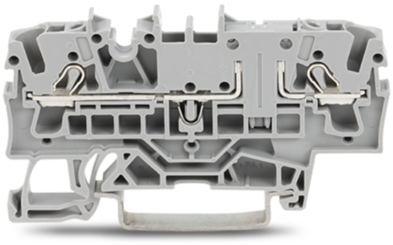 2-conductor through terminal block; 2.5 mm; with test option; same profile as 2-conductor disconnect terminal block; side and center marking; for DIN-rail 35 x 15 and 35 x 7.5; Push-in CAGE CLAMP; 2,50 mm; gray