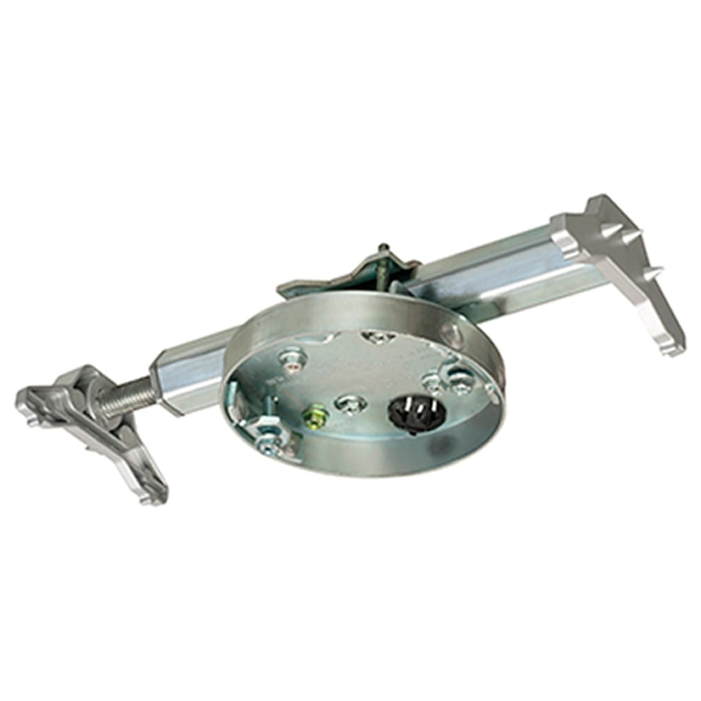 Steel fan and fixture pan box with adjustable mounting bracket for wood I-joists in existing construction. Set 12" to 16" on center for 1/2" or 5/8" drywall ceilings. 8.0 cu. in.