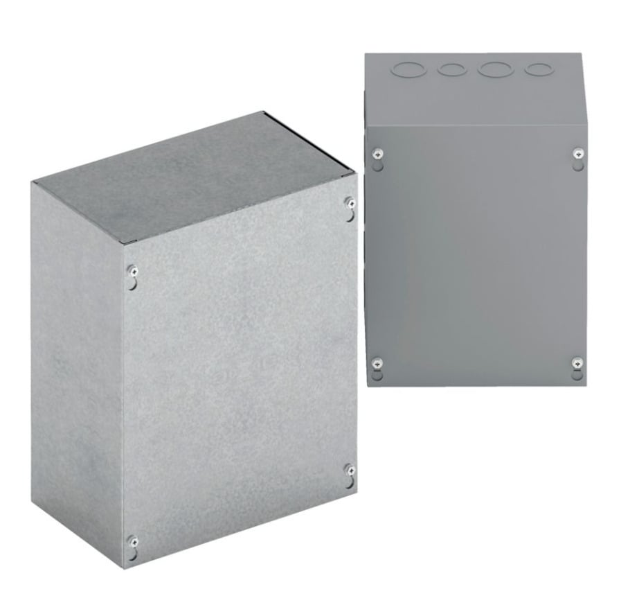 Type 1 junction boxes, 24" height, 4" length, 24" width, NEMA 1, Screw cover, SC enclosure, Surface mounted, Medium single door, 9 side knockouts,9 top-bottom knockouts, Thru holes, Carbon steel