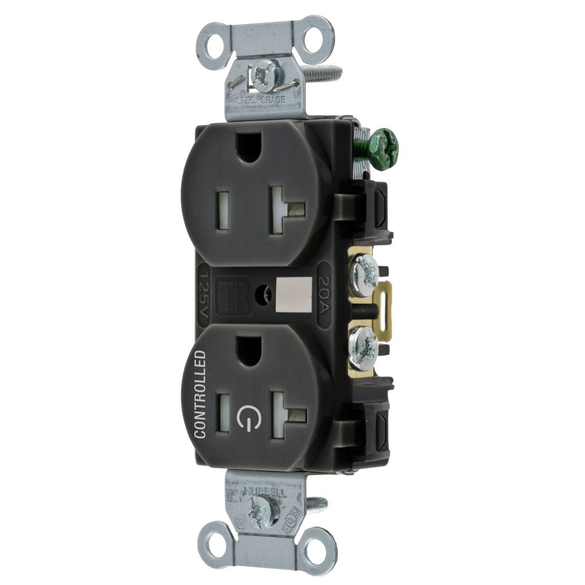 Straight Blade Devices, Receptacles, Duplex, 1/2 Load Controlled, 20A 125V, 2-Pole 3-Wire Grounding, 5-20R, Back and Side Wired, Black