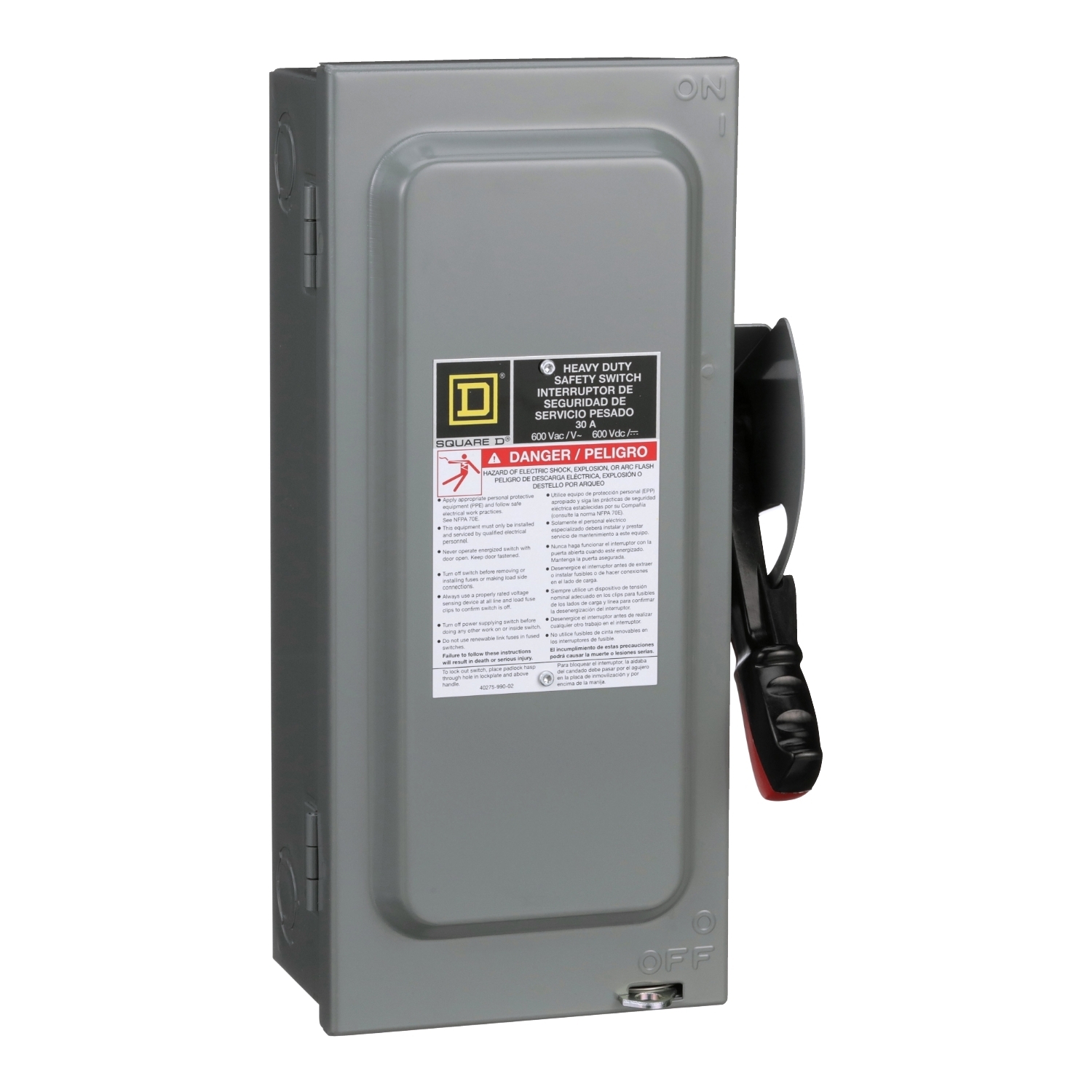 Safety switch, heavy duty, non fusible, 30A, 3 pole, 30HP, 600V AC/DC, neutral factory installed, NEMA 1