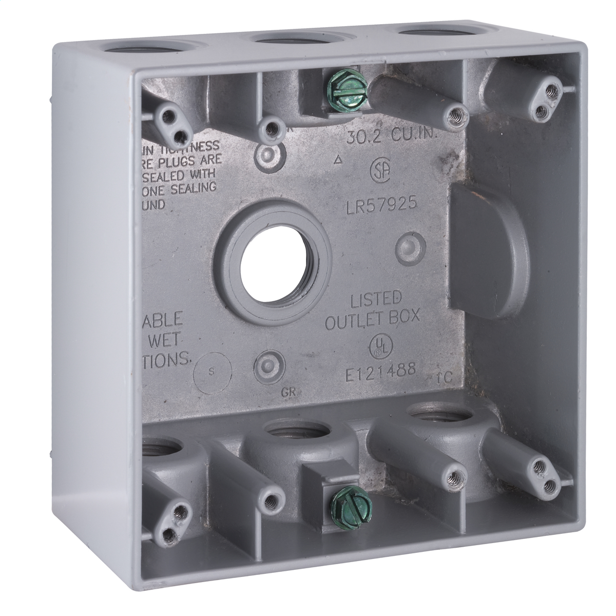 2G WP BOX (7) 1/2 IN. OUTLETS GRAY CARDED