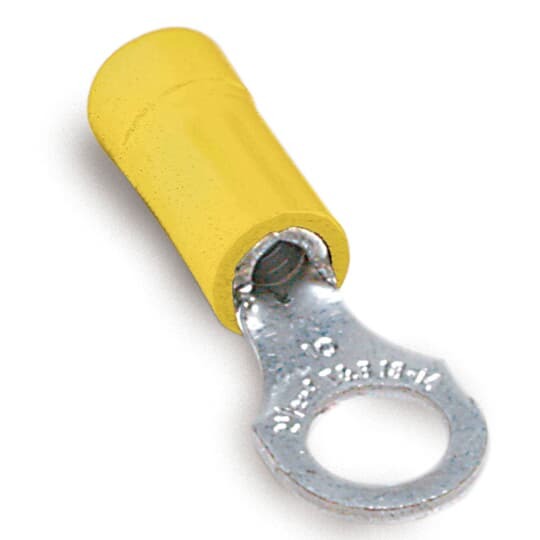 Vinyl Insulated Ring Terminal, Length 1.06 Inches, Width .31 Inches, Maximum Insulation .210, Bolt Hole #6, Wire Range #12-#10 AWG, Color Yellow, Copper, Tin Plated, 500 Pack