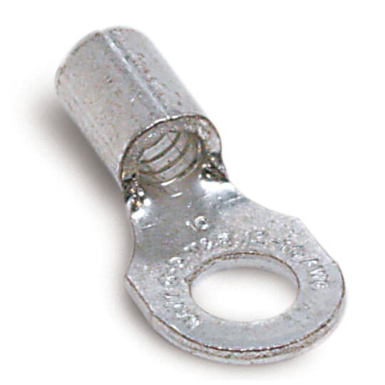 Non-Insulated Ring Terminal, Length .82 Inches, Width .31 Inches, Bolt Hole #8, Wire Range #12-#10 AWG, Copper, Tin Plated, 500 Pack
