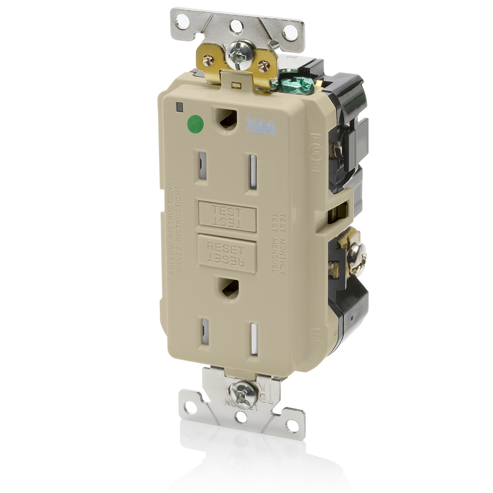 15 Amp, 125 Volt, SmartlockPro Self-Test GFCI Duplex Receptacle , NEMA 5-15R, 2P, 3W, Extra-Heavy Duty Hospital Grade, Weather & Tamper-Resistant, 20A Feed-Through, Back or Side Wired - IVORY