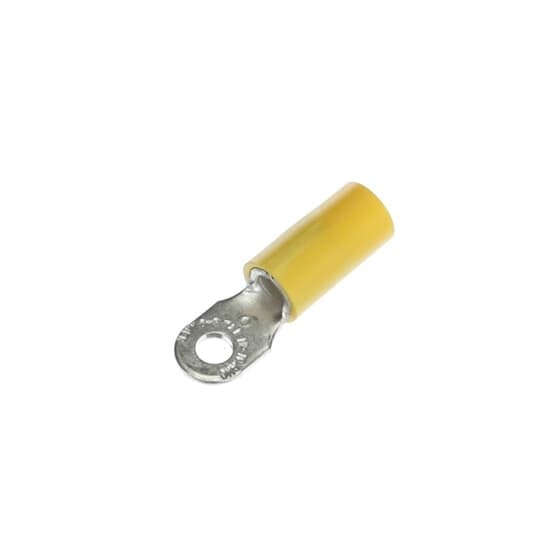 Vinyl-Insulated Ring Terminal, Length 1.06 Inches, Width .31 Inches, Maximum Insulation .210, Bolt Hole #6, Wire Range #12-#10 AWG, Color Yellow, Copper, Tin Plated
