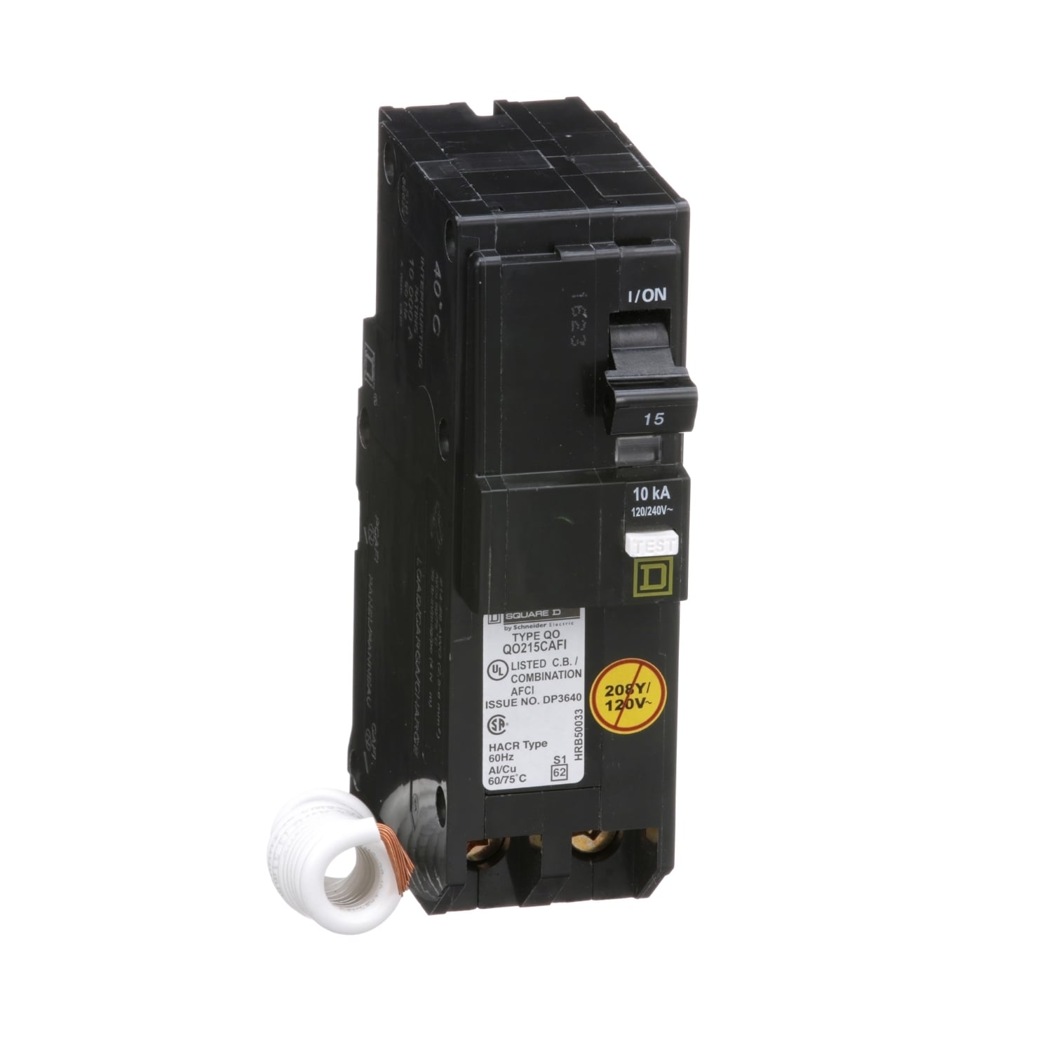 QO215CAFI Miniature Circuit Breaker, 15 Amp, 2 Pole, 120/240V