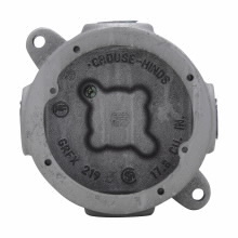 Eaton Crouse-Hinds series Condulet GRF tapped outlet box with lugs, 3-1/8" inside depth, Copper-free aluminum, Surface mount, 4 hubs, 3 plugs, Blank back boss, 3/4"