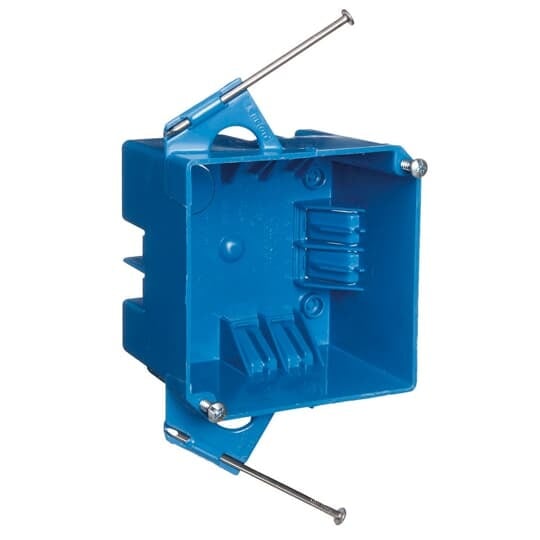 Square New Work Outlet Box, Volume 32 Cubic Inches, Length 4 Inches, Width 4 Inches, Depth 2-5/8 Inch, Color Blue, Material Thermoplastic, Mounting Means Captive Nails