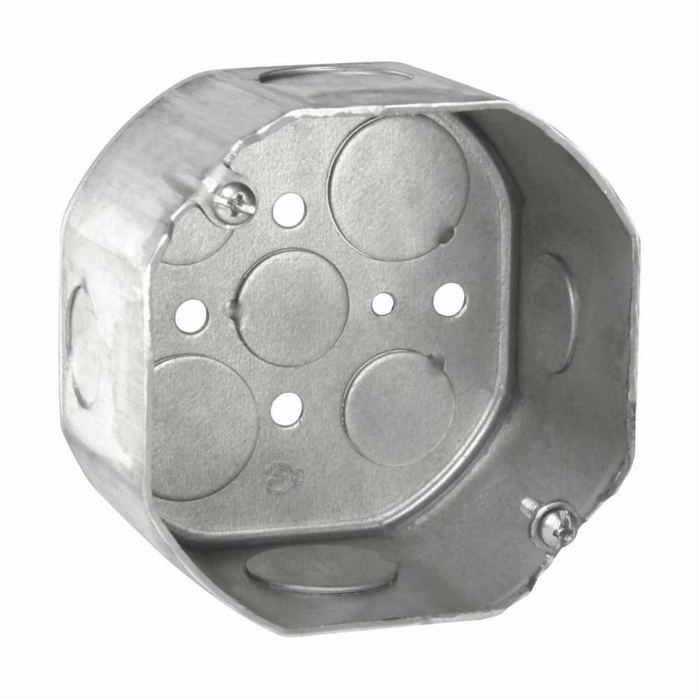 Eaton Crouse-Hinds series Octagon Outlet Box, (3) 1/2", (2) 3/4", 4", Conduit (no clamps), 2-1/8", Steel, (2) 1/2", (2) 3/4", Fixture rated, 21.5 cubic inch capacity