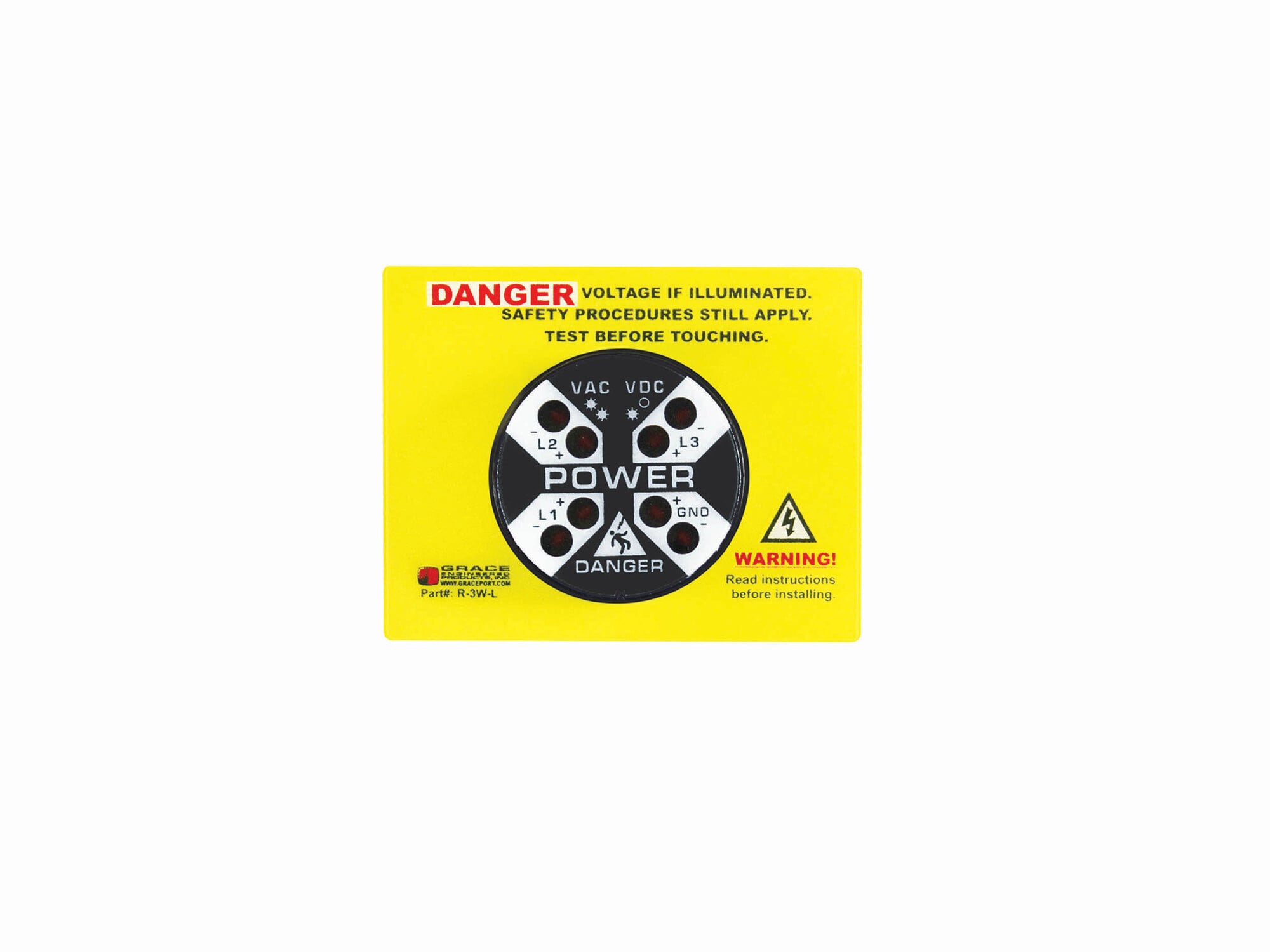 VOLTAGE INDICATOR WITH FLASHING LEDS AND WARNING LABEL