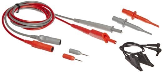 Set of two (one red, one gray) double insulated silicone shielded test leads for noise free measurements. Specially designed for use with the Fluke ScopeMeter 120 Series. Compatible with AC120 Alligator Clips and HC120 Hook Clips. Safety designed ground leads included. Integral strain relieve and extra hard probe tips provide extra long service life. Features safety designed shrouded plugs and notched tip to prevent probe from sliding.