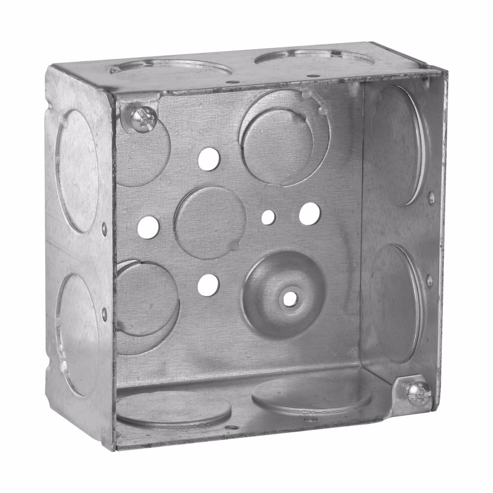 Eaton Crouse-Hinds series Square Outlet Box, (2) 1/2", (2) 1/2", (1) 3/4" E, 4", Conduit (no clamps), Welded, 2-1/8", Steel, (8) 1", Includes ground screw with pigtail lead, 30.3 cubic inch capacity
