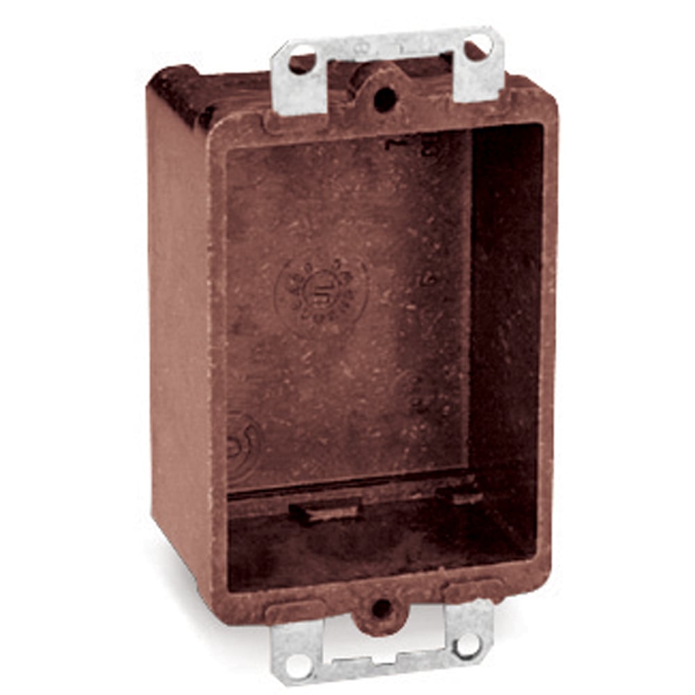 One-Gang Bracket Outlet Box, Volume 7.5 Cubic Inches, Length 3-1/4 Inches, Width 2-1/4 Inches, Depth 1-7/16 Inch, Color Brown, Material Phenolic, Mounting Means Ears
