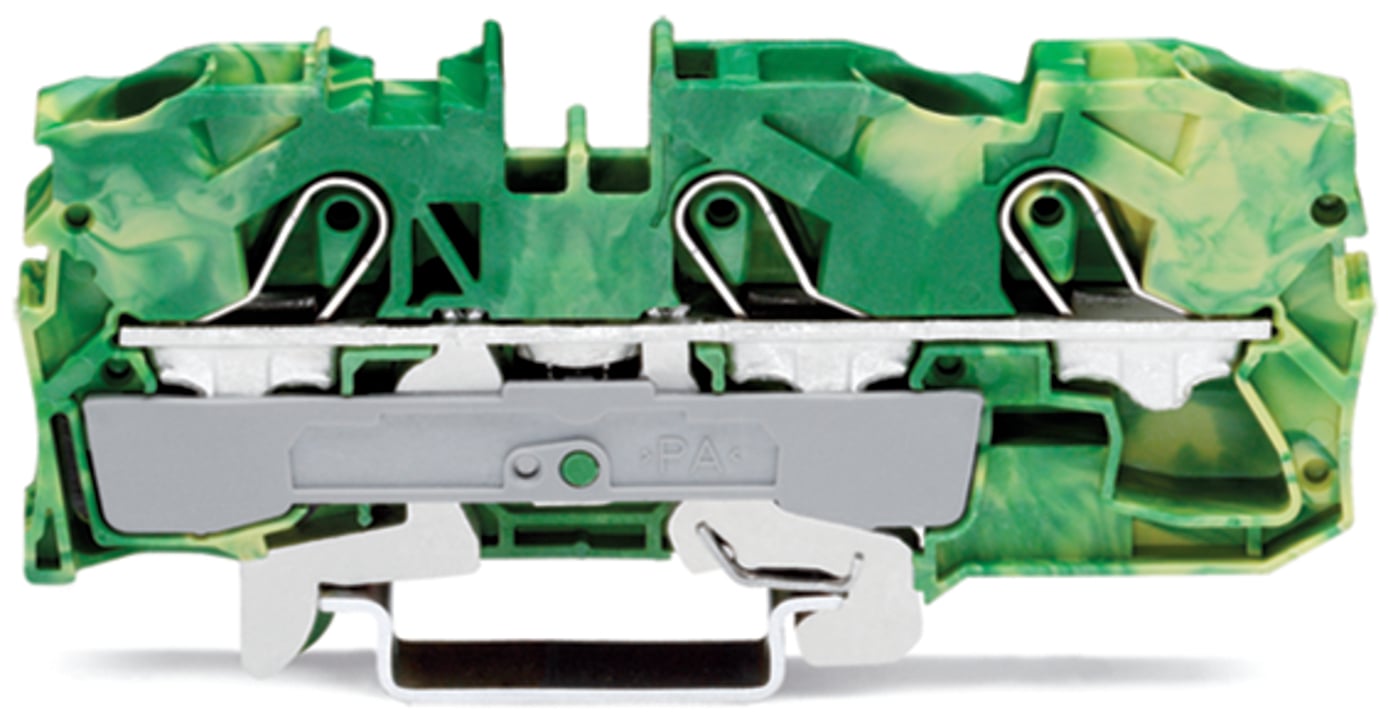 3-conductor ground terminal block; 10 mm; suitable for Ex e II applications; side and center marking; for DIN-rail 35 x 15 and 35 x 7.5; Push-in CAGE CLAMP; 10,00 mm; green-yellow