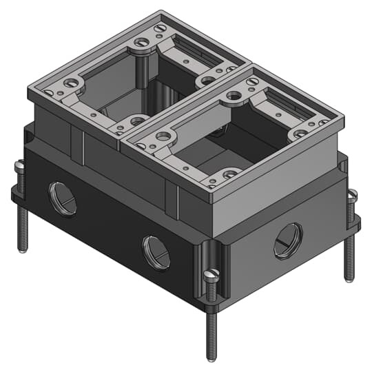Two Gang Flush Service Floor Box, 74 Cubic Inches, Length 5-1/2 Inches, Width 7 Inches, Depth 3-5/8 Inches, 3/4 Inch Conduit Hubs, Aluminum