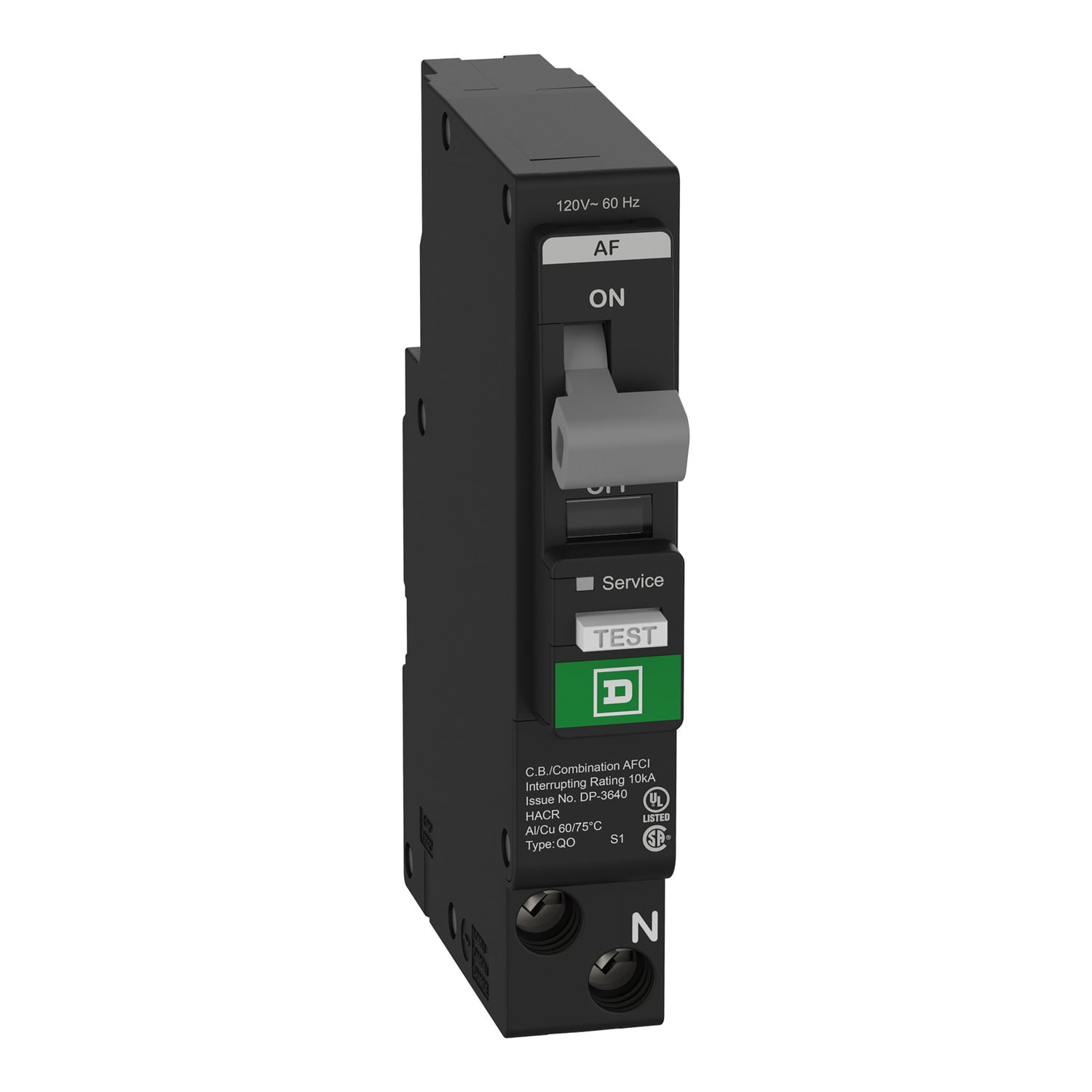 Mini circuit breaker, QO, 15A, 1 pole, 120VAC, 10kA, combo arc fault, plug on neutral, plug in mount, UL listed [TAA]