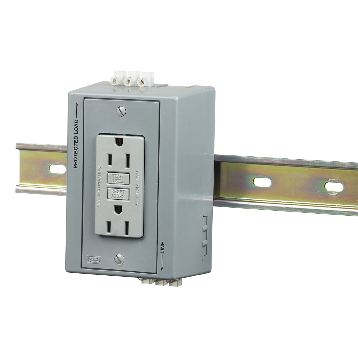 DIN Rail Utility Box, Complete Unit- GFCI with Aux Contact, 1) 15A Gray.