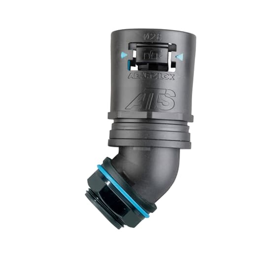 Adaptalok ATS, 45 Degree Conduit Fitting, Fixed External Male Thread, Nominal Conduit Size 34mm, 1 Inch NPT Thread, Polyamide (Nylon) 66/TPE, Black with Blue Elastomer